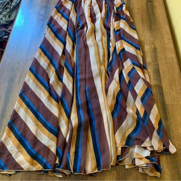 Olivaceous V-Neck Maxi Dress Large Striped Blue Brown Tie Waist Long outer Panel - Picture 11 of 13